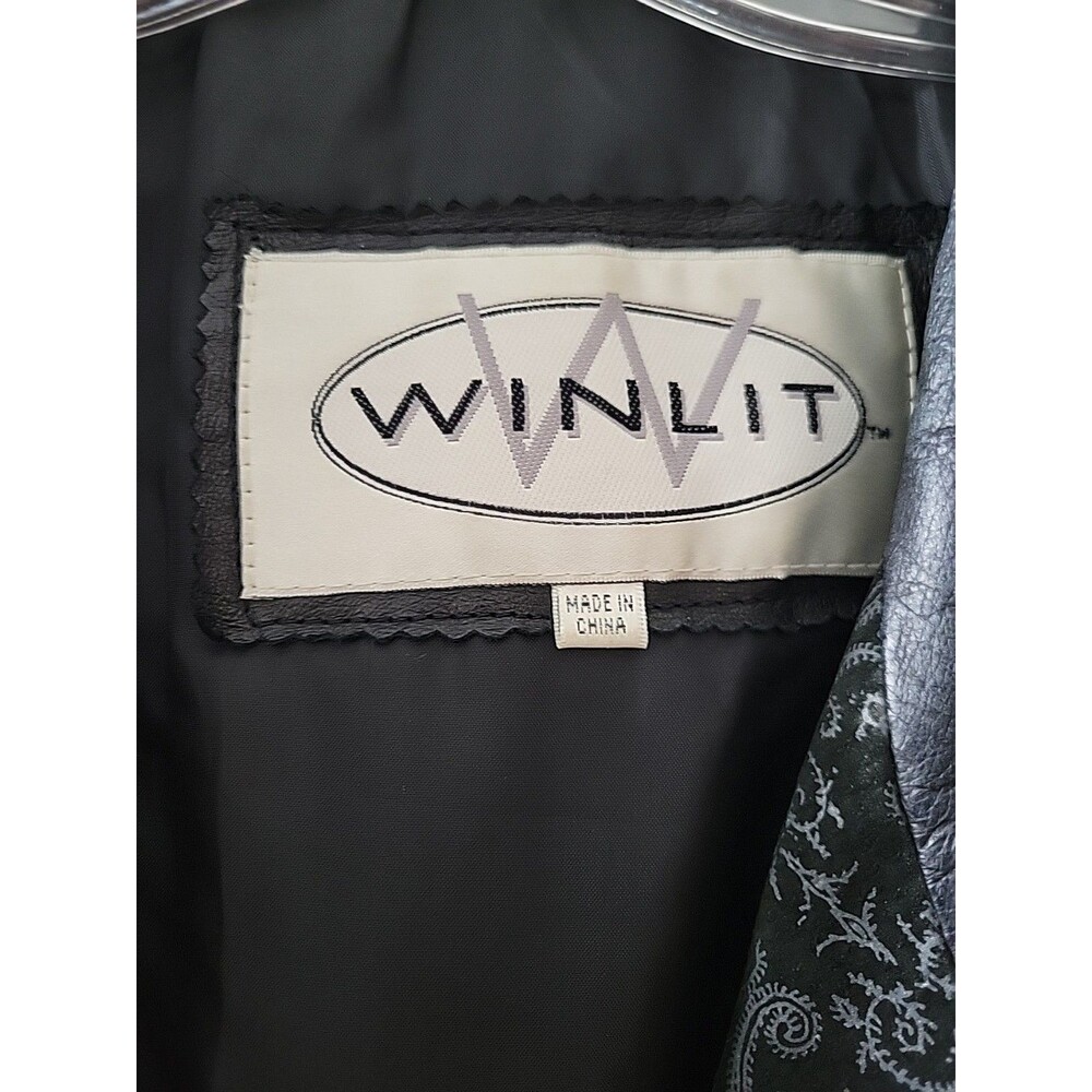 Vintage Winlit Leather Trench Coat Womens Large Black Paisley Embossed 80s 90s - Picture 3 of 13